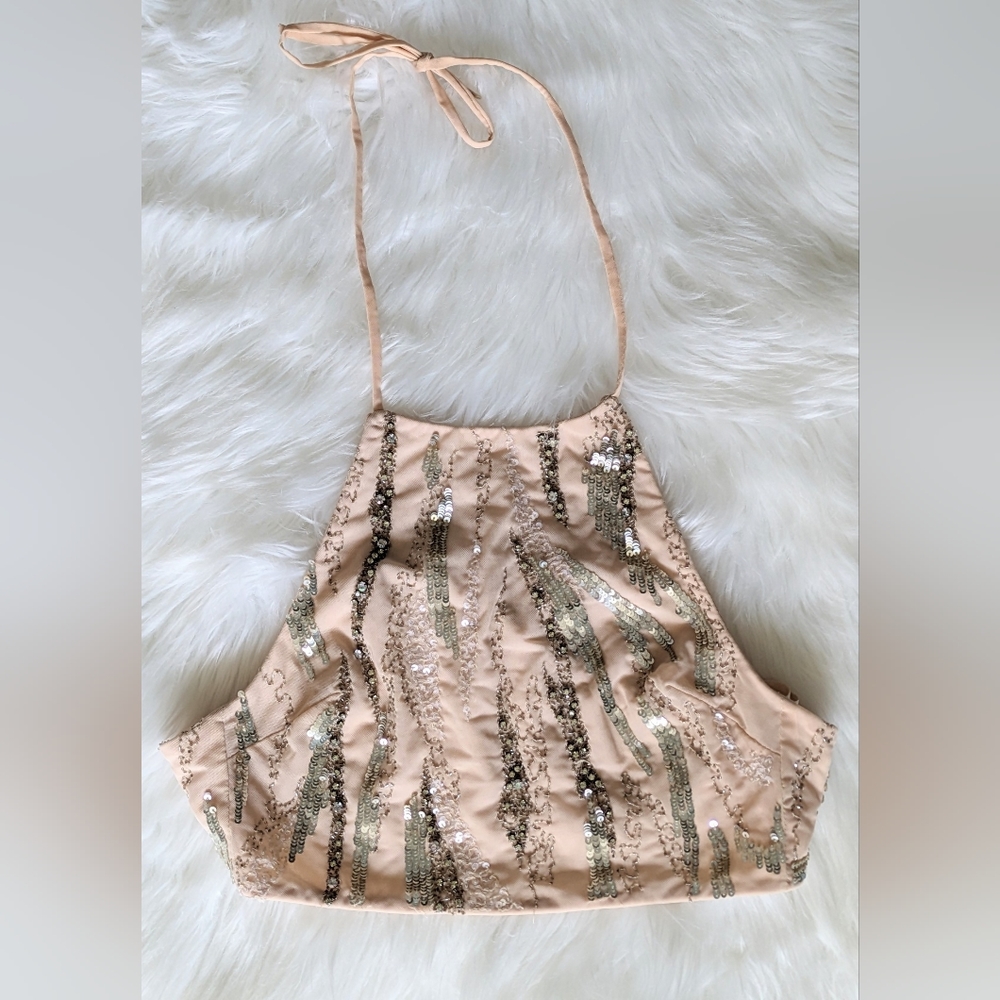 NWOT Topshop beige silver & clear sequined halter open back cropped mesh overlay